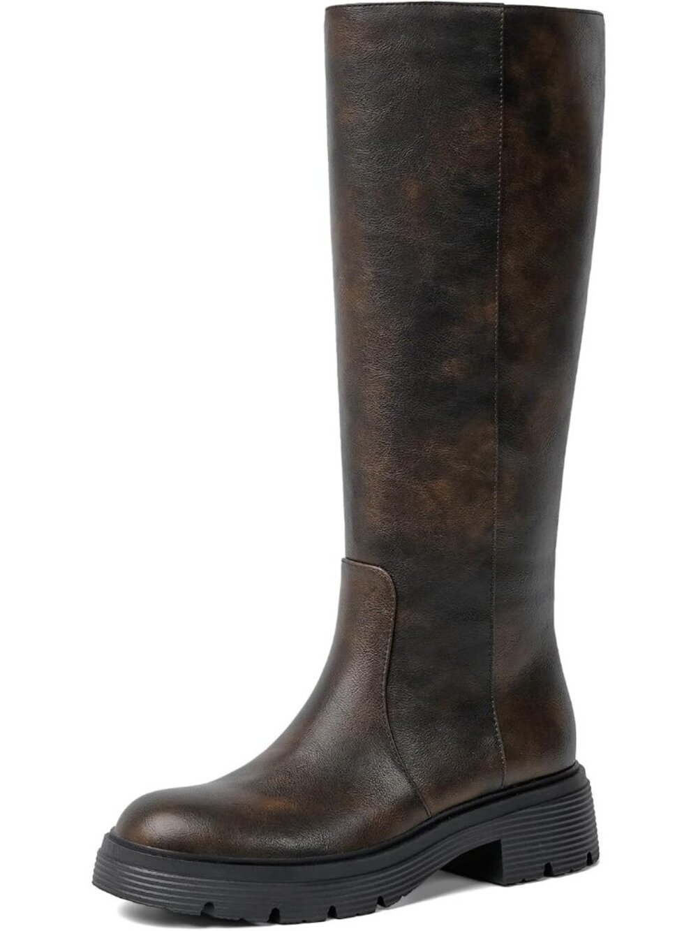 Women's Retro Chocolate Round Toe Pull On Chunky Block Heel Knee High Boots